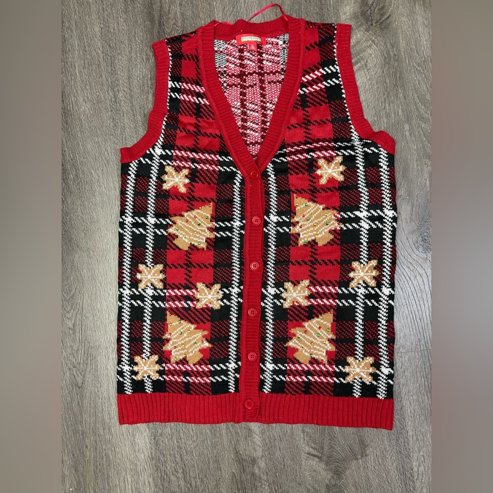 Holiday Traditions Christmas Vest Women’s Size XL Trees Snowflakes Plaid Red Blk